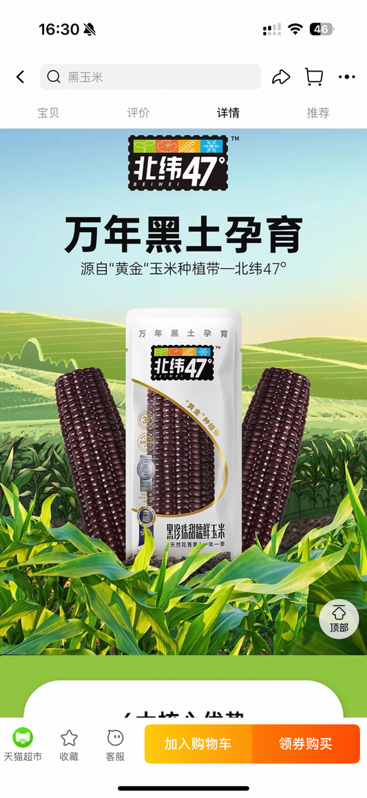 Black Pearl Sweet Waxy Corn北纬47度黑珍珠甜糯玉米200g